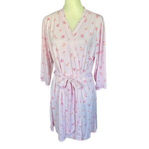 Laura Ashley Pink & White Gingham and Floral Short Bathrobe, Large, Cottagecore